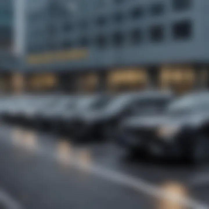 A fleet of vehicles parked outside a corporate building