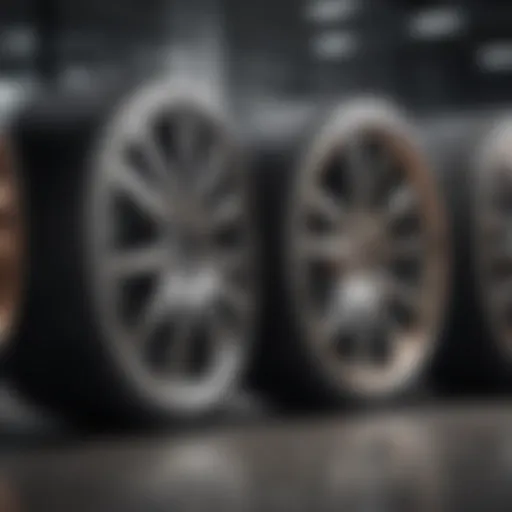 A variety of stylish vehicle rims displayed in a showroom