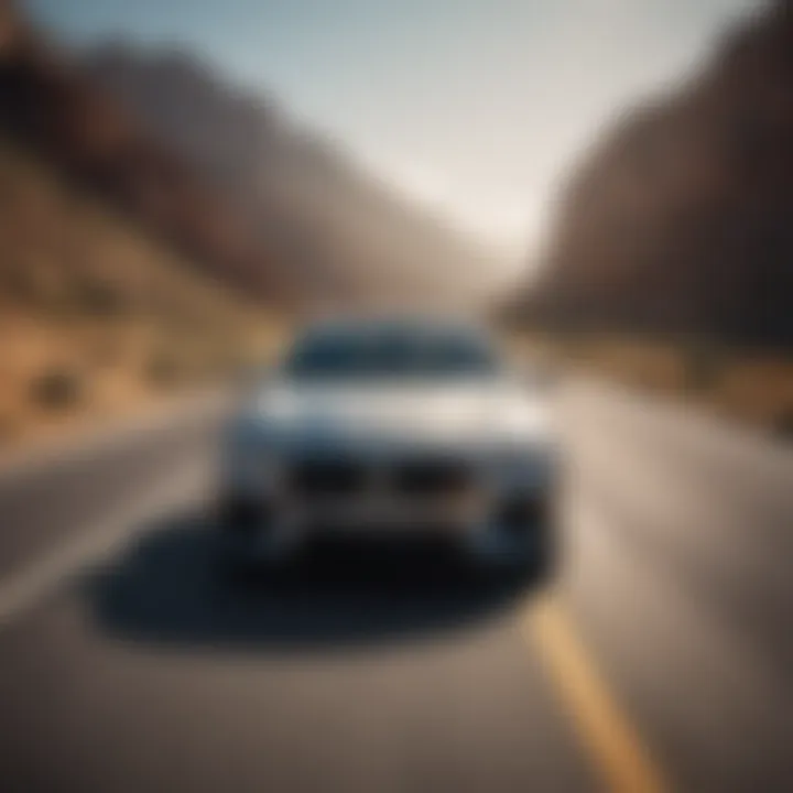 A scenic view of a rented car driving on an open road