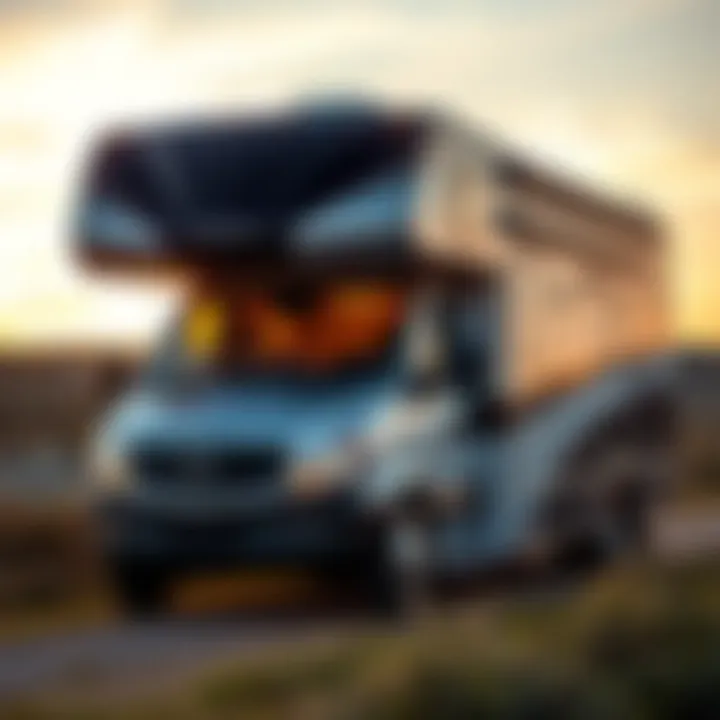 Exterior view of a top-rated Class A motorhome during sunset