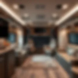 Luxury Class A motorhome interior showcasing spacious living area