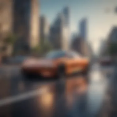 The Future of Urban Transportation with Electric Cars Clean city skyline with electric cars on the road