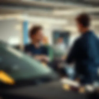 Customer Service in Car Dealership Customer service representative assisting a car buyer