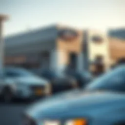 Ford dealership exterior showcasing a range of vehicles