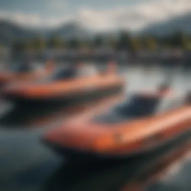 A lineup of various Javelin boat models at a marine exhibition