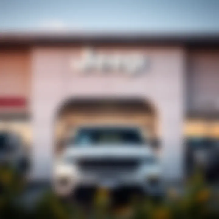 Exterior view of a modern Jeep dealership in Sunnyvale showcasing various models.