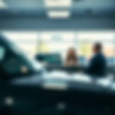 Interior of a Jeep dealership demonstrating customer service interaction.