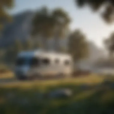 A scenic view of an RV parked in a picturesque natural setting