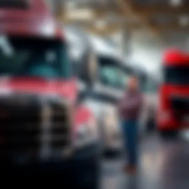 Consumer Satisfaction in Truck Purchases A satisfied customer inspecting a big truck at a dealership