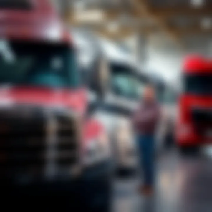 Consumer Satisfaction in Truck Purchases A satisfied customer inspecting a big truck at a dealership