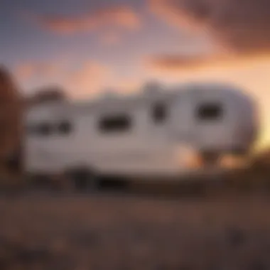 A couple enjoying a peaceful moment by a fifth wheel trailer during sunset