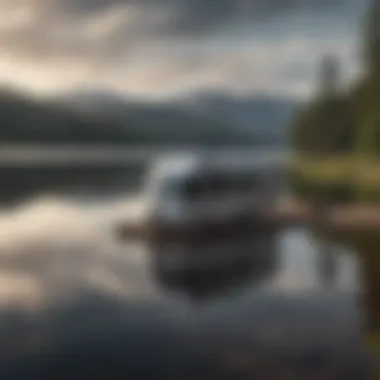 A scenic view of a fifth wheel parked by a tranquil lake