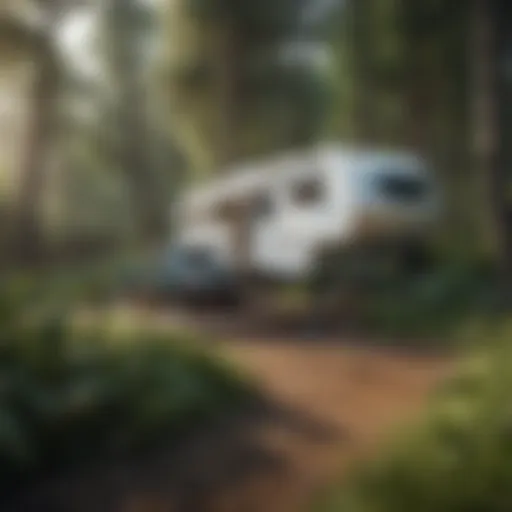 A tranquil campsite featuring a fifth wheel trailer amidst lush greenery