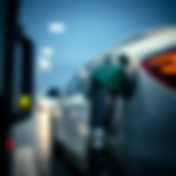 Close-up of gasoline pump with SUV in background