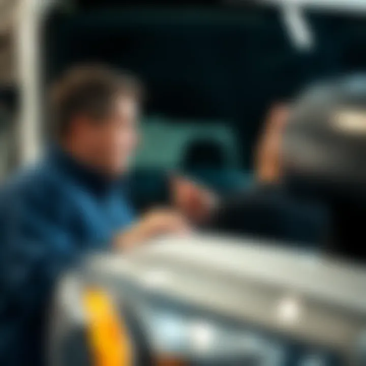 A buyer examining a used truck's exterior for quality