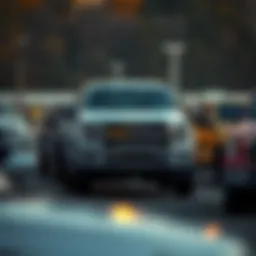 A variety of used trucks on a dealership lot in Saco, Maine