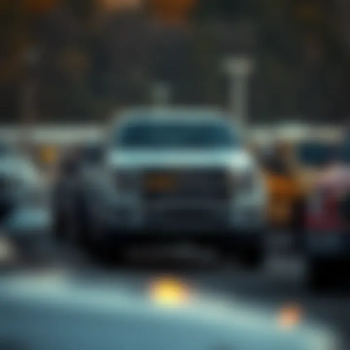 A variety of used trucks on a dealership lot in Saco, Maine