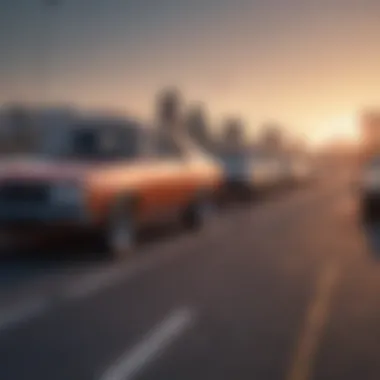 An overview of a highway with used cars in motion