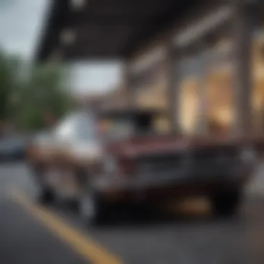 A classic Ford Mustang parked in front of a local dealership in Greenville, SC.