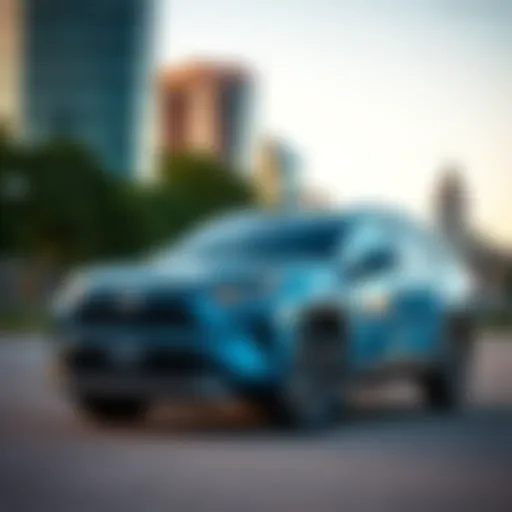 Scenic view of the Toyota RAV4 Prime parked in an urban setting amidst Austin's skyline