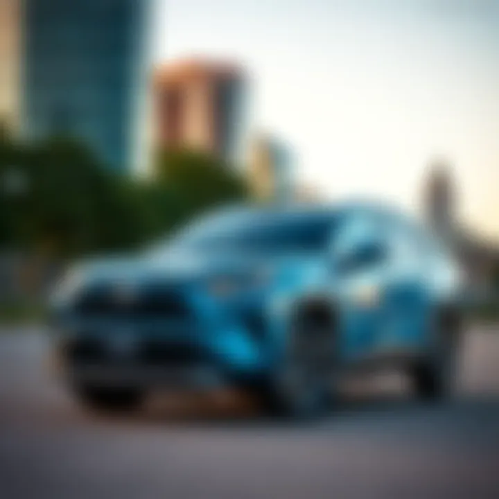 Scenic view of the Toyota RAV4 Prime parked in an urban setting amidst Austin's skyline