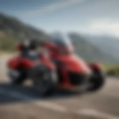 Sleek Design of the Red Can-Am Spyder Sleek design of the Red Can-Am Spyder showcased against a scenic backdrop