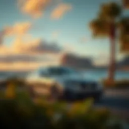 A stunning landscape of Hawaii featuring a BMW parked by the beach