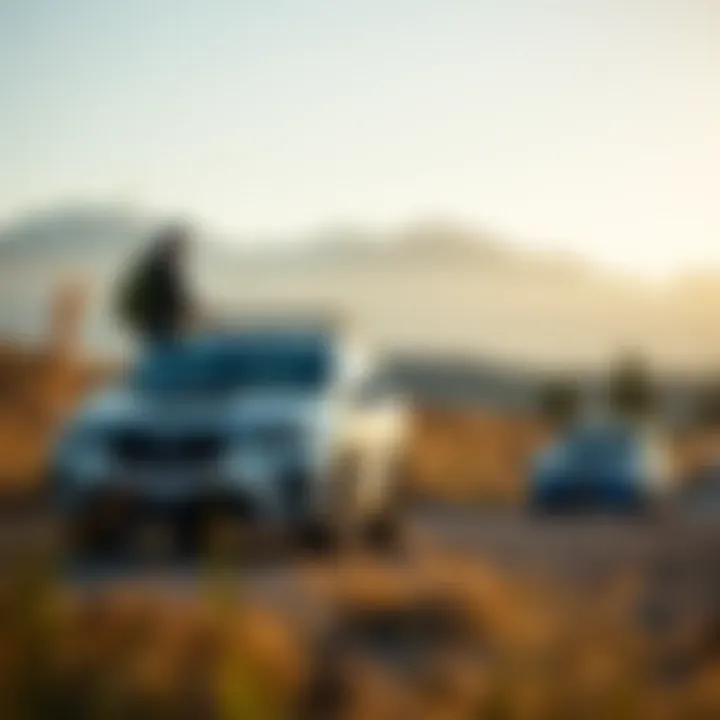 A scenic outdoor setting featuring a Subaru vehicle with mountains in the background