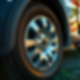 Close-up view of a Keystone RV wheel showcasing its unique design and tread pattern.