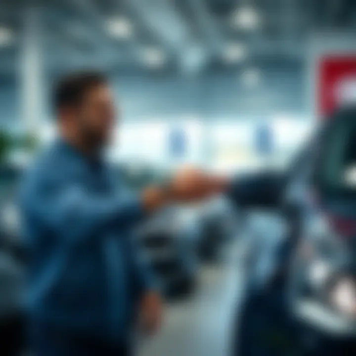 A satisfied customer receiving keys to their new Kia