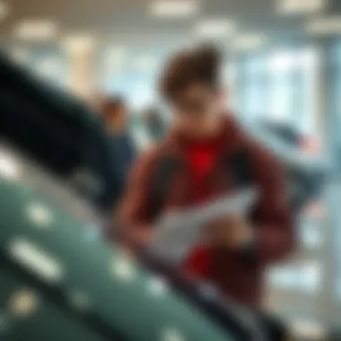 A consumer examining a used car with a checklist