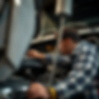 Evaluating the Condition of a Used Truck A person inspecting the engine of a used truck