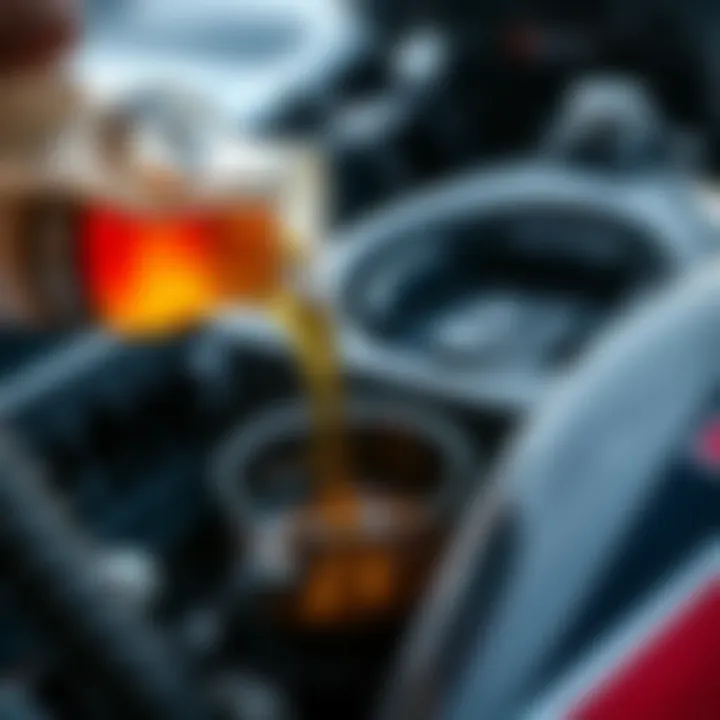 Detailed close-up of lower unit oil being poured into an outboard