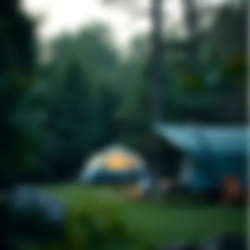 A serene campsite surrounded by lush forests