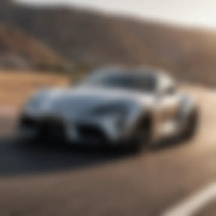 Dynamic performance image capturing the Supra in action on a racetrack