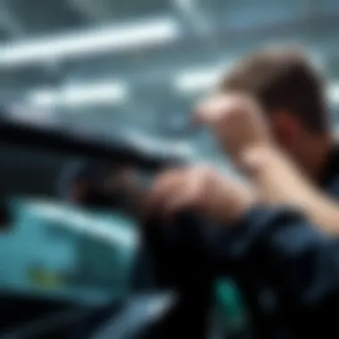 A close-up of a professional applying window tint film to a back window.