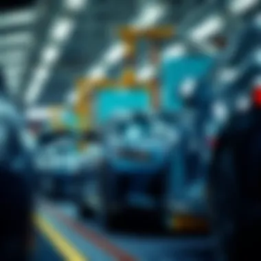 Vehicle Assembly Line A detailed view of a vehicle assembly line showcasing the manufacturing process of new cars.