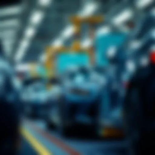 Vehicle Assembly Line A detailed view of a vehicle assembly line showcasing the manufacturing process of new cars.