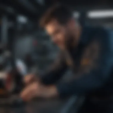 Mechanic examining a car dashboard with warning lights illuminated