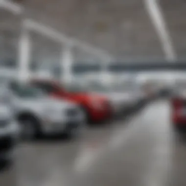 Inside a used car dealership showing various car models