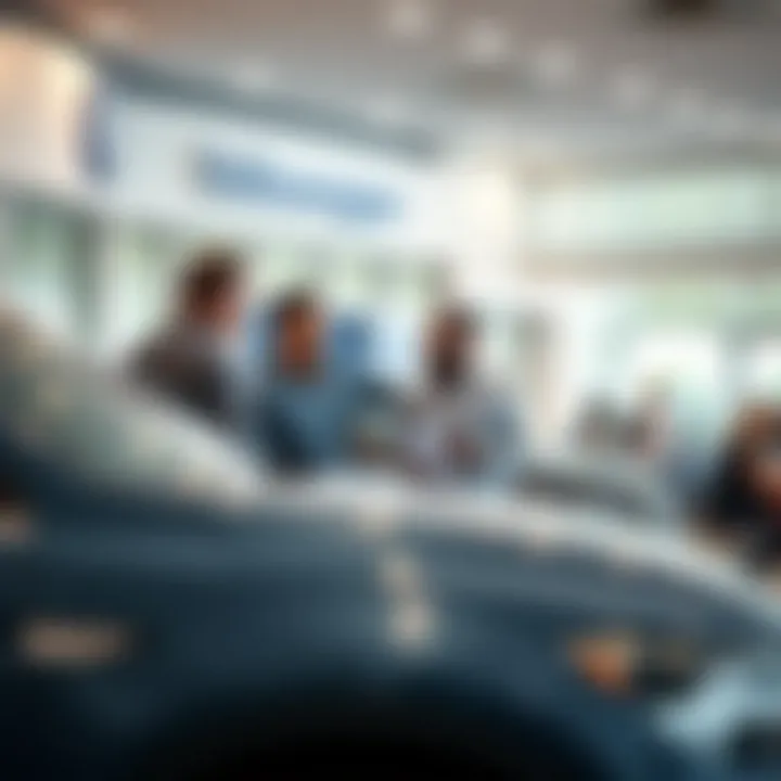 Customer engagement at a VW dealership with staff assisting clients